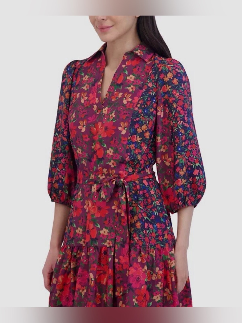 Jessica Howard Burgundy Red Floral Midi Dress with Puff Sleeves 14